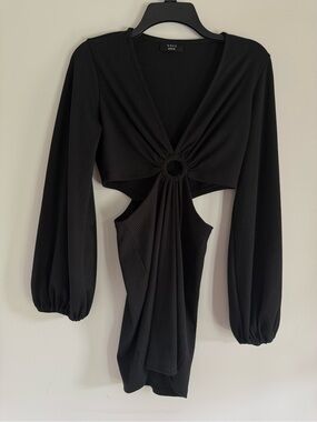VICI BlackRibbed  Ring-Front Long Sleeve Cutout Mini Dress